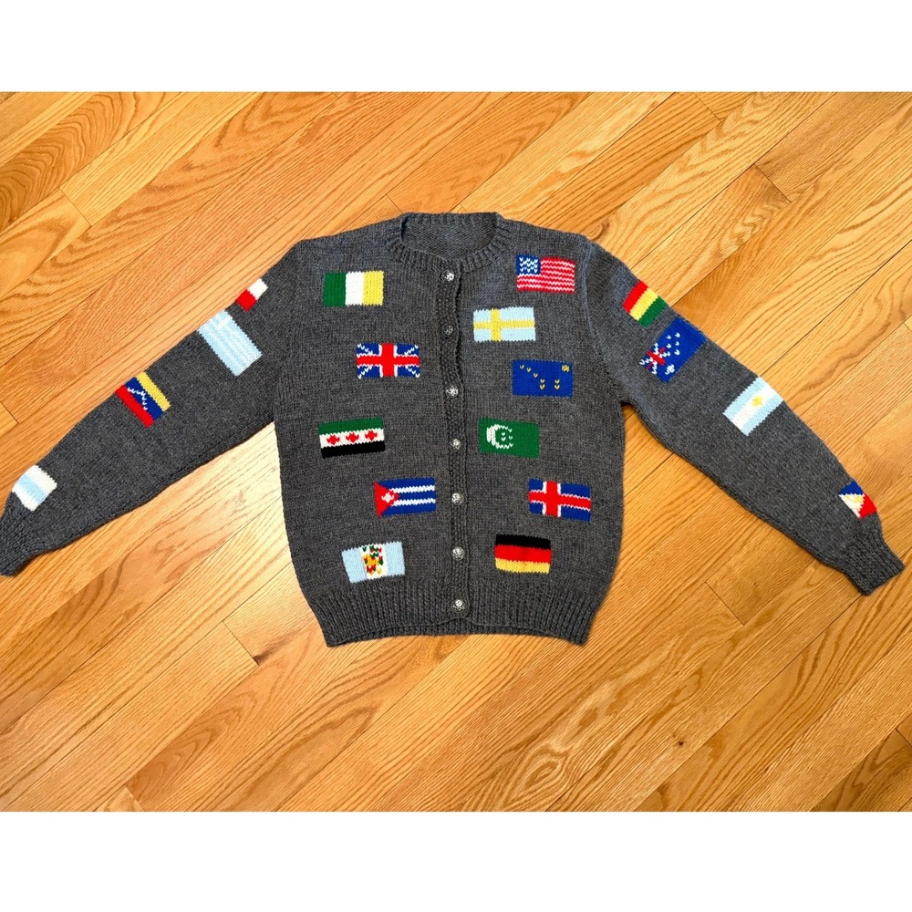 Vintage Handmade Flags of the World Knit Cardigan Gray Wool Sweater